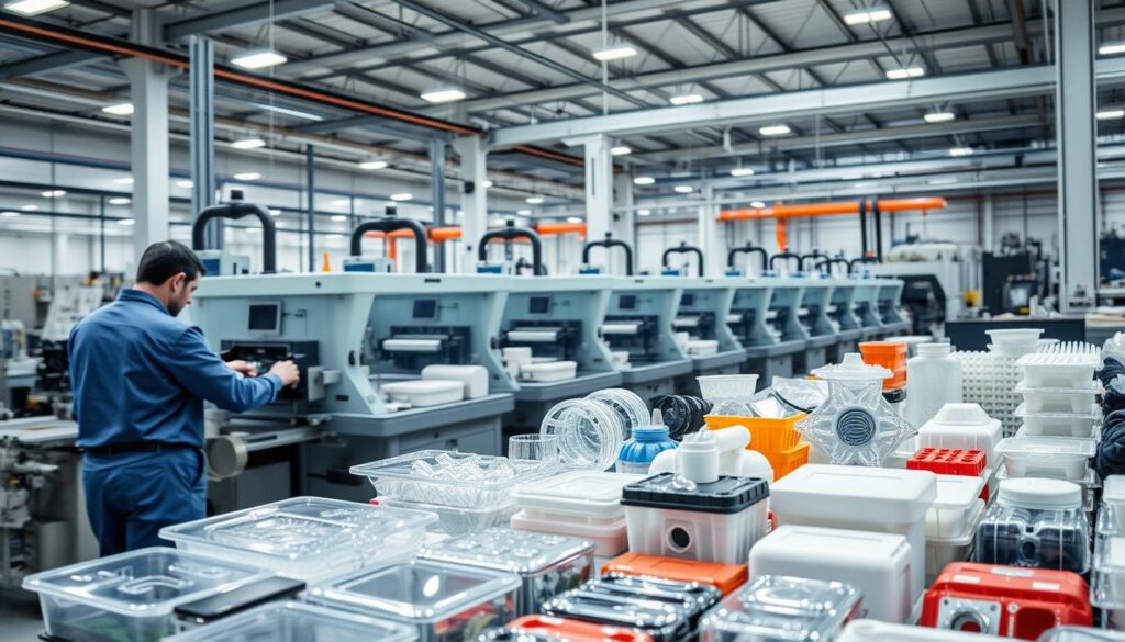 A modern production facility featuring an array of thermoforming machines, producing a diverse range of plastic products. In the foreground, a technician carefully monitors the process, adjusting settings to ensure precise, high-quality output. The mid-ground showcases an array of thermoformed items, including clear plastic packaging, automotive components, and household goods. The background reveals the industrial setting, with high ceilings, ample lighting, and a sense of efficiency and technological prowess. The overall scene conveys the versatility and capabilities of thermoforming machinery, highlighting its role in manufacturing a wide variety of practical and essential items.