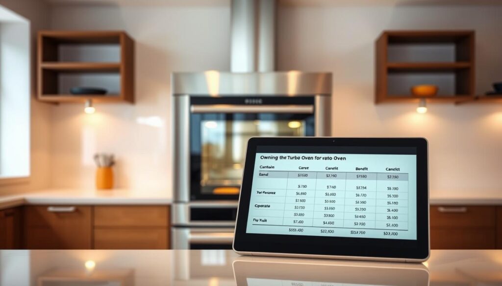 A modern, sleek kitchen interior with a large, shiny stainless steel turbo oven as the focal point. The oven is set against a clean, white backsplash, with ample counter space on either side. Soft, warm lighting illuminates the scene, casting a cozy glow. In the foreground, a detailed cost-benefit analysis chart is displayed on a tablet or laptop, showing the financial breakdown of owning and operating the turbo oven. The background features minimalist shelving units or cabinetry, complementing the overall modern and efficient aesthetic. The image conveys a sense of careful consideration and informed decision-making in the acquisition of the ideal turbo oven for a professional bakery.