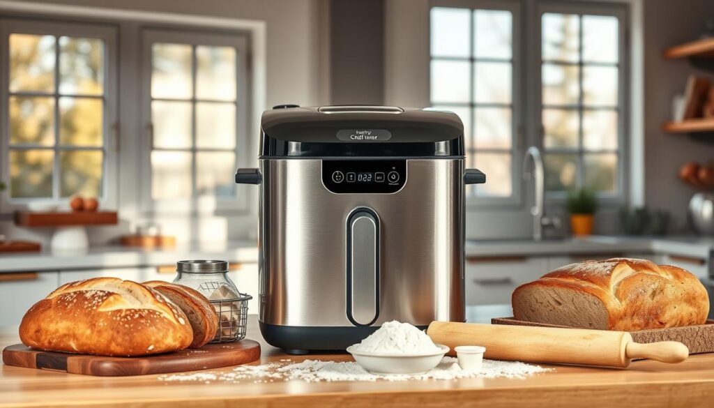 A modern, well-equipped kitchen counter with a sleek, stainless steel bread maker prominently displayed. The device's ergonomic design and intuitive controls are highlighted, showcasing its user-friendly features. Freshly baked bread and various baking ingredients, such as flour, yeast, and a rolling pin, are arranged artfully around the bread maker, creating a visually appealing still life composition. Warm, natural lighting from large windows casts a soft glow over the scene, emphasizing the artisanal qualities of the bread-making process. The overall atmosphere conveys the convenience, efficiency, and satisfaction of using a bread maker in home baking.