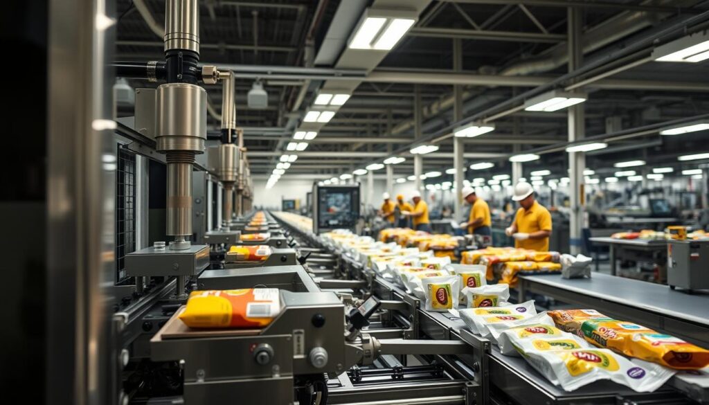 A modern, well-lit factory interior with rows of flow pack machines operating on an assembly line. In the foreground, a close-up view of a flow pack machine sealing and packaging various consumer goods such as snacks, coffee, and pharmaceuticals. The middle ground showcases the machinery in action, with packages being formed, filled, and sealed with precision. In the background, workers in protective gear monitor the process and make adjustments as needed. The lighting is bright and even, creating a sense of cleanliness and efficiency. The overall atmosphere conveys the versatility and reliability of flow pack technology in various industrial applications.