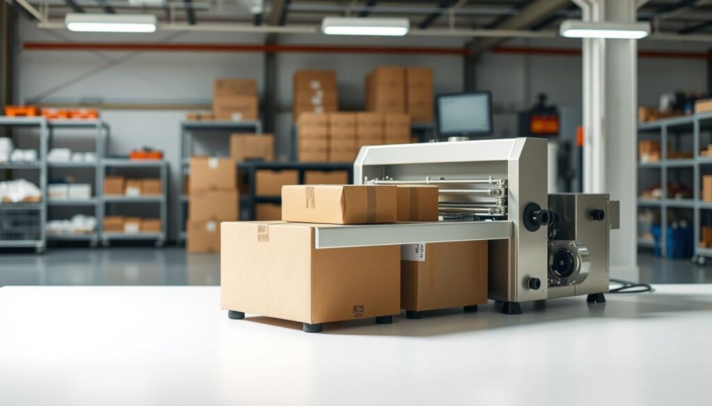 A neatly arranged box closing machine set against a well-lit industrial backdrop. The foreground features the machine's intricate mechanisms, with a sleek metal frame and precisely engineered components. The middle ground showcases the machine's efficient operation, with cardboard boxes gliding effortlessly through the sealing process. The background depicts a clean, organized workshop environment, with shelves, storage racks, and other manufacturing equipment visible. The lighting is a combination of natural and artificial sources, creating a balanced, professional atmosphere. The overall scene conveys the machine's reliability, versatility, and suitability for a wide range of business needs.