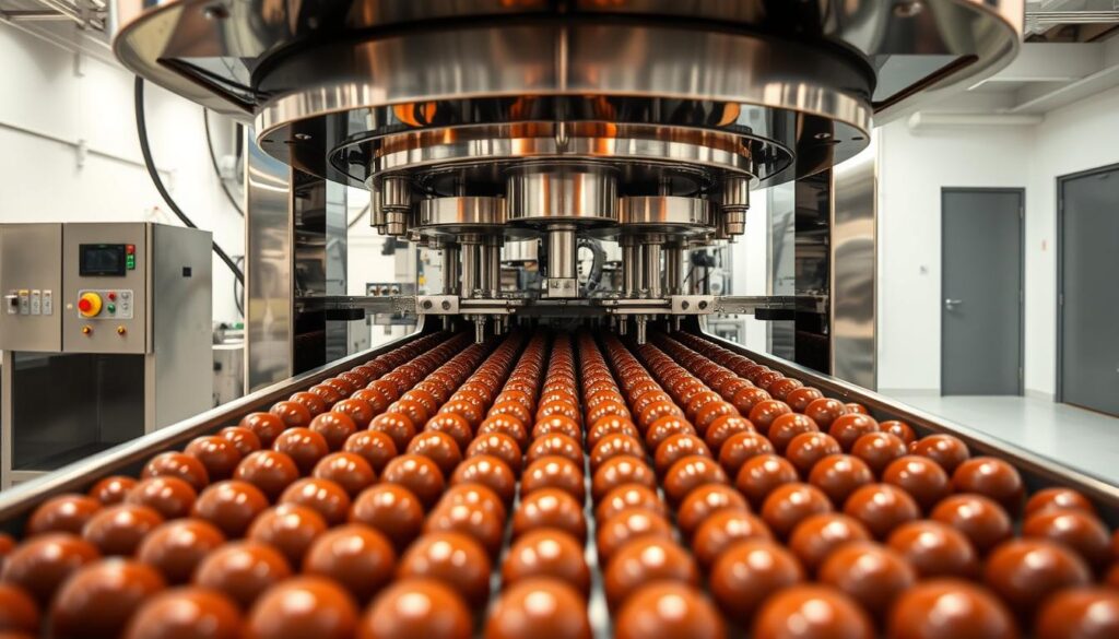 A neatly organized commercial chocolate coating machine, its gleaming chrome exterior bathed in warm, diffused lighting. In the foreground, rows of freshly dipped confections elegantly emerge from the tempering vat, their glossy surfaces glistening. The middle ground reveals the machine's intricate inner workings - gears, belts, and a precisely choreographed conveyor system that deftly maneuvers the chocolate-coated treats. In the background, a clean, minimalist factory setting, with white walls and polished floors, creating a sense of order and efficiency. The overall scene conveys the precision, care, and attention to detail required to produce high-quality, artisanal chocolate products using this specialized equipment.