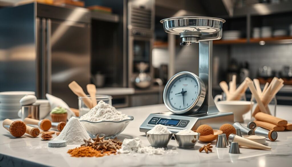 A precision scale in a professional bakery setting, capturing the delicate process of measuring ingredients. The scale is positioned on a clean, white marble countertop, surrounded by various baking tools and equipment. Soft, diffused lighting illuminates the scene, casting gentle shadows and highlighting the intricate details of the scale's mechanism. In the foreground, a variety of baking ingredients, such as flour, sugar, and spices, are neatly organized, ready to be precisely measured. The middle ground features a selection of piping bags, decorating tips, and other confectionery tools, hinting at the diverse applications of the precision scale in various baking techniques. The background is blurred, suggesting a well-appointed bakery kitchen, complete with stainless steel appliances and clean, professional surfaces.