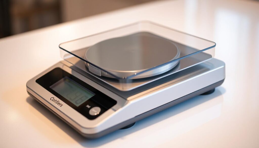 A precision scale sitting on a clean, well-lit countertop. The scale has a sleek, modern design with a clear display and smooth metal surface. The lighting is soft and directional, creating gentle shadows that accentuate the scale's contours. The background is blurred, placing the focus on the scale's intricate components and features. The image conveys a sense of precision, attention to detail, and the importance of this tool in a professional confectionery setting.