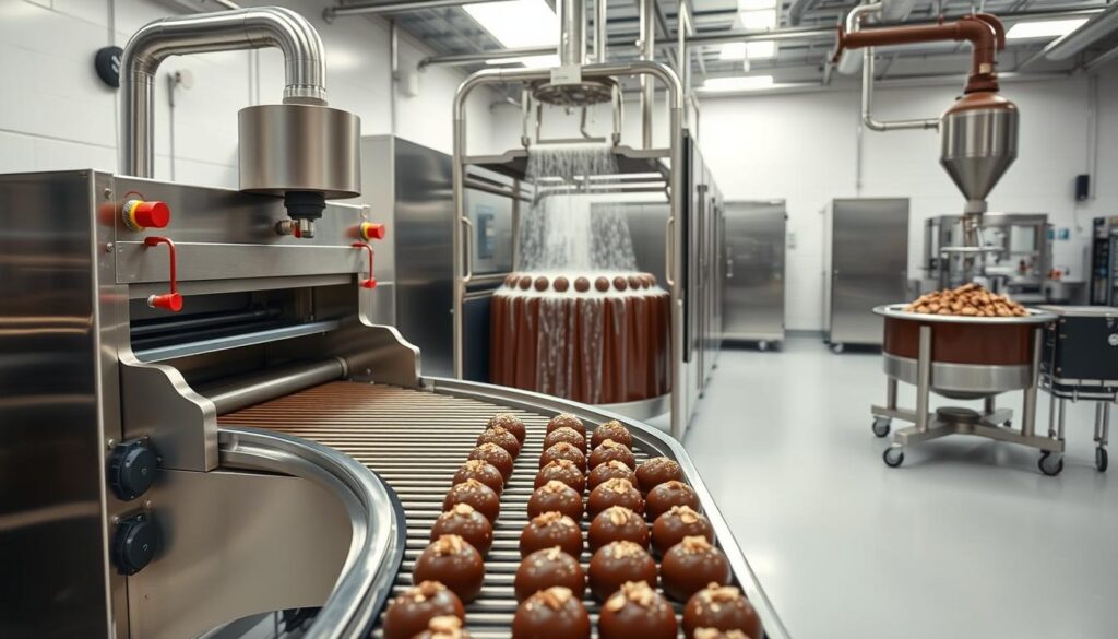A pristine, well-lit industrial kitchen showcases an array of gleaming chocolate-coating machines. In the foreground, a state-of-the-art chocolate enrobing machine with a wide conveyor belt slowly transports freshly dipped confections through a temperature-controlled chamber, evenly coating them in a rich, glossy layer of tempered chocolate. In the middle ground, a cascade-style chocolate waterfall system submerges delicate treats in a flowing river of silky, molten chocolate. Toward the back, a high-precision, computer-controlled chocolate spraying machine precisely atomizes and disperses a light dusting of cocoa powder or chopped nuts over the freshly coated items. The scene exudes an air of precision, efficiency, and artisanal chocolate-making expertise.