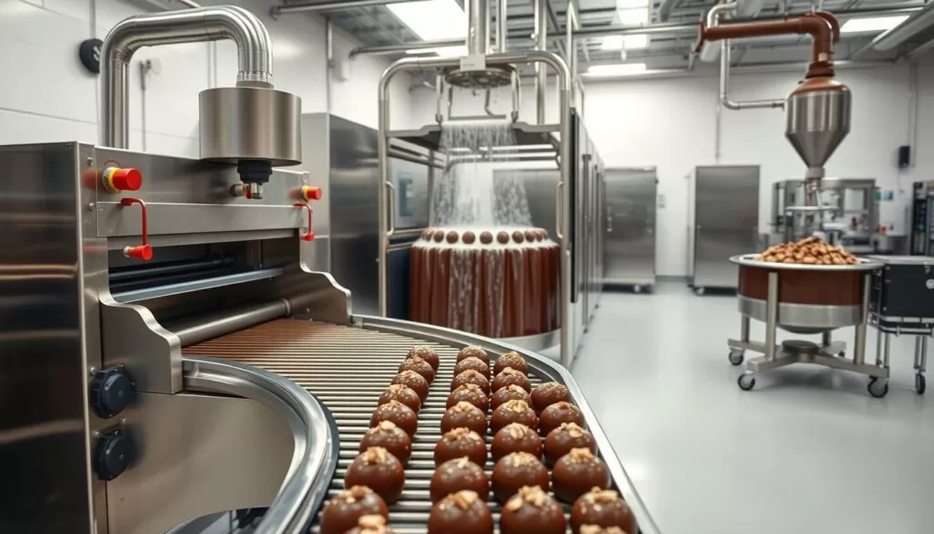A pristine, well-lit industrial kitchen showcases an array of gleaming chocolate-coating machines. In the foreground, a state-of-the-art chocolate enrobing machine with a wide conveyor belt slowly transports freshly dipped confections through a temperature-controlled chamber, evenly coating them in a rich, glossy layer of tempered chocolate. In the middle ground, a cascade-style chocolate waterfall system submerges delicate treats in a flowing river of silky, molten chocolate. Toward the back, a high-precision, computer-controlled chocolate spraying machine precisely atomizes and disperses a light dusting of cocoa powder or chopped nuts over the freshly coated items. The scene exudes an air of precision, efficiency, and artisanal chocolate-making expertise. A pristine, well-lit industrial kitchen showcases an array of gleaming chocolate-coating machines. In the foreground, a state-of-the-art chocolate enrobing machine with a wide conveyor belt slowly transports freshly dipped confections through a temperature-controlled chamber, evenly coating them in a rich, glossy layer of tempered chocolate. In the middle ground, a cascade-style chocolate waterfall system submerges delicate treats in a flowing river of silky, molten chocolate. Toward the back, a high-precision, computer-controlled chocolate spraying machine precisely atomizes and disperses a light dusting of cocoa powder or chopped nuts over the freshly coated items. The scene exudes an air of precision, efficiency, and artisanal chocolate-making expertise.