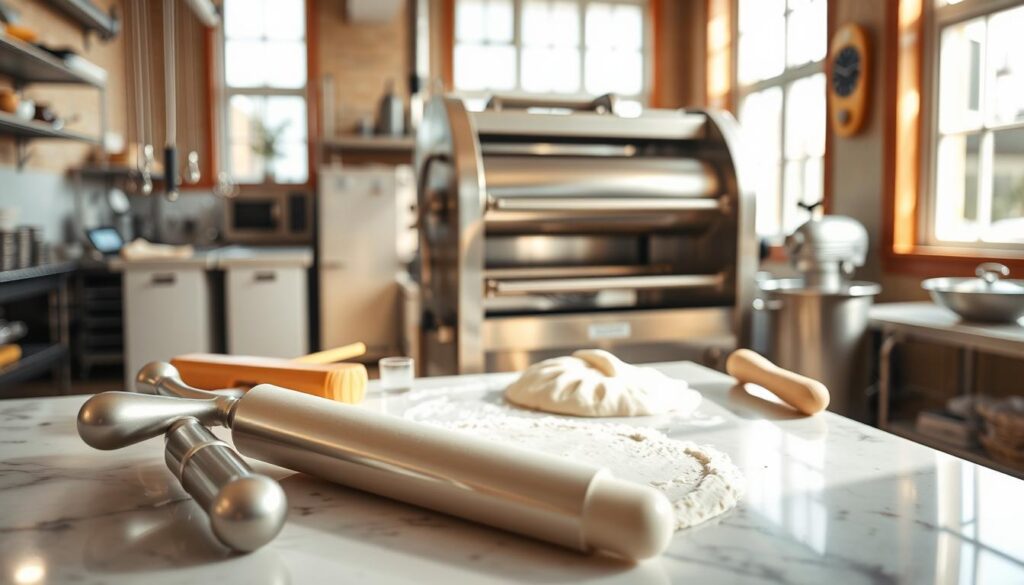 A professional bakery kitchen interior, well-lit with warm, natural lighting streaming in through large windows. In the foreground, a stainless steel rolling pin and dough scraper sit on a marble countertop, next to a classic silver-toned rolling pin and various baking tools. In the middle ground, a large stainless steel dough roller or sheeter machine stands prominently, its gears and mechanisms visible, suggesting its practical application in rolling and shaping dough for pastries, breads, and other confections. The background features additional baking equipment like mixers and ovens, conveying a sense of a fully-equipped, modern professional kitchen dedicated to the art of baking.