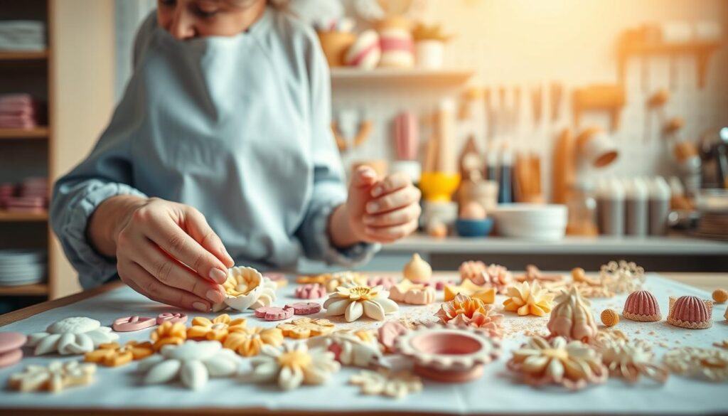 A professional, high-quality image of a "modeladora de doces" (confectionery modeler). The foreground depicts a skilled artisan carefully shaping and molding intricate patterns and shapes out of colorful fondant or gum paste, their hands expertly working the pliable dough. The middle ground showcases an array of freshly molded decorations, including flowers, leaves, and delicate filigree, ready to be applied to cakes and pastries. The background features a clean, well-lit studio workspace, with shelves of baking tools, piping bags, and other confectionery supplies. The lighting is warm and natural, creating a sense of craftsmanship and attention to detail. The overall mood is one of precision, creativity, and the artistry of the confectionery trade.