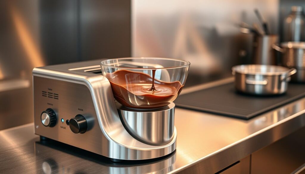 A sleek and modern chocolate melting machine sits on a pristine stainless steel countertop, its shiny exterior reflecting the warm lighting overhead. The machine's controls are clearly labeled, inviting the user to easily adjust the temperature and speed settings. In the transparent glass bowl, glistening chocolate slowly swirls and melts, ready to be poured over desserts or into molds. The machine's design is both functional and aesthetically pleasing, blending seamlessly into a well-equipped kitchen. The overall scene conveys a sense of efficiency and culinary expertise, perfectly capturing the essence of using a specialized chocolate melting appliance.