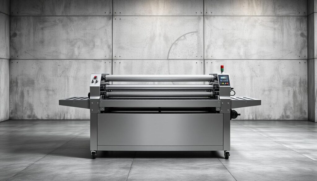 A sleek and modern stretch film wrapping machine stands proudly in a well-lit industrial setting. The stainless steel chassis gleams under the soft, even lighting, hinting at its precision engineering. Sturdy rollers, adjustable guides, and a user-friendly control panel come into focus, showcasing the machine's versatility and ease of operation. In the background, a minimalist backdrop of concrete walls and floor adds an air of professionalism, underscoring the machine's suitability for a wide range of packaging applications. The overall composition conveys a sense of efficiency, reliability, and the perfect balance of form and function - the ideal choice for businesses seeking a dependable stretch film packaging solution. A sleek and modern stretch film wrapping machine stands proudly in a well-lit industrial setting. The stainless steel chassis gleams under the soft, even lighting, hinting at its precision engineering. Sturdy rollers, adjustable guides, and a user-friendly control panel come into focus, showcasing the machine's versatility and ease of operation. In the background, a minimalist backdrop of concrete walls and floor adds an air of professionalism, underscoring the machine's suitability for a wide range of packaging applications. The overall composition conveys a sense of efficiency, reliability, and the perfect balance of form and function - the ideal choice for businesses seeking a dependable stretch film packaging solution.