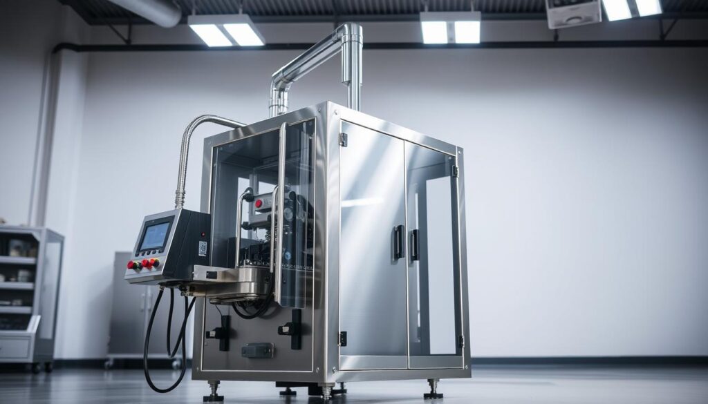 A sleek, high-quality flow pack machine stands prominently in a well-lit industrial setting. The stainless steel and chrome appliance gleams under bright overhead lighting, its clean lines and compact design suggesting efficiency and precision. In the foreground, the machine's control panel and feed mechanism are clearly visible, showcasing the intricate engineering that allows it to perform its packaging tasks with accuracy. In the background, the environment is minimalist, with neutral-toned walls and floors that help draw the viewer's attention to the machine itself. The overall scene conveys a sense of technological sophistication and manufacturing excellence, perfectly capturing the essence of a state-of-the-art flow pack machine.