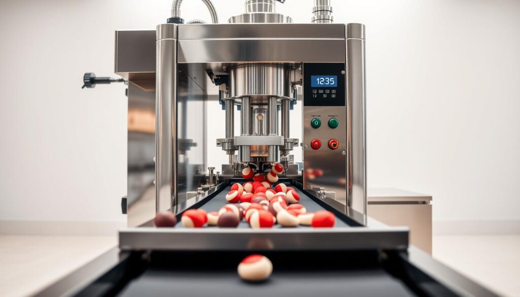 A sleek, modern candy filling machine set against a bright, airy backdrop. The machine's polished chrome exterior gleams under soft, directional lighting, highlighting its intricate mechanisms and precise calibration. In the foreground, a conveyor belt steadily carries delicate confections through the machine's filling aperture, their vibrant colors and glossy finishes testament to the device's exceptional performance. The mid-ground showcases the machine's intuitive control panel, its digital readouts and tactile buttons promising seamless, streamlined operation. In the background, a clean, minimalist workspace hints at the machine's efficiency and the care taken in its design and installation. An atmosphere of professionalism, innovation, and the pursuit of culinary perfection pervades the scene.