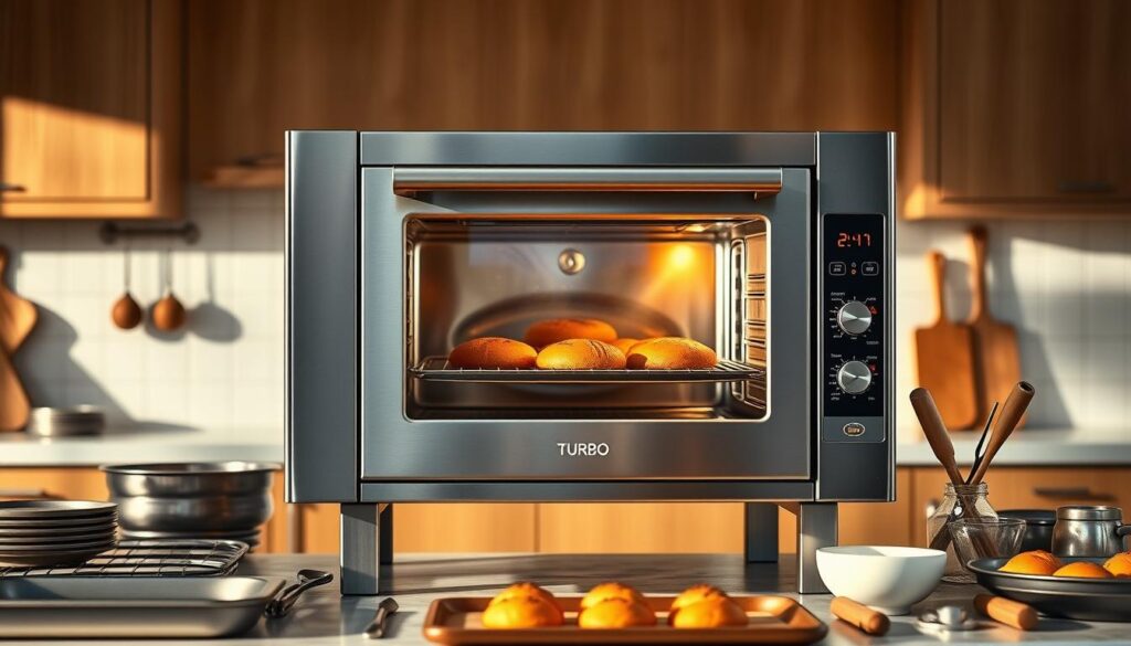 A sleek, modern forno turbo (convection oven) set against a bright, airy kitchen backdrop. The stainless steel exterior gleams under warm, natural lighting, its clean lines and intuitive controls suggesting high-end craftsmanship. Prominently displayed, the forno's spacious interior is visible through a large, tempered glass window, revealing evenly-browned baked goods - a testament to its even heat distribution and efficient air circulation. The forno sits atop a sturdy, height-adjustable stand, allowing for easy access and comfortable use. Surrounding the forno are various baking trays, utensils, and other accoutrements, creating a professional, bakery-inspired scene.