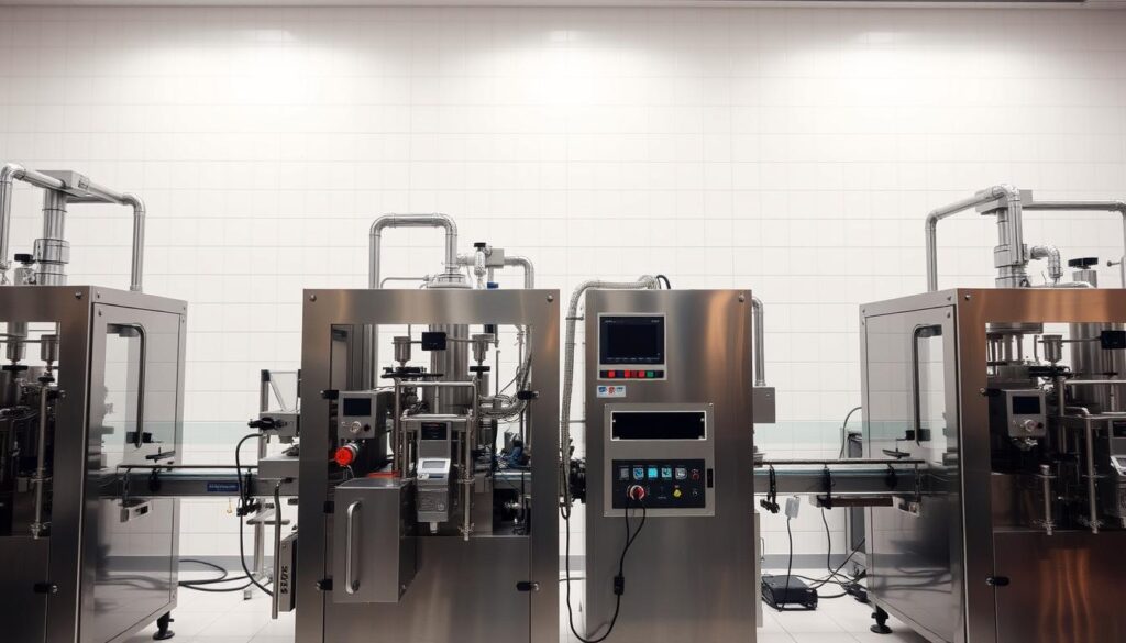 A sleek, modern laboratory setting with several large, stainless steel liquid packaging machines occupying the foreground. The machines feature intricate pipework, valves, and digital control panels, conveying a sense of advanced automation and precision engineering. Overhead, soft, diffused lighting casts a warm glow, highlighting the machines' polished surfaces. In the background, a clean, white tiled wall provides a minimalist backdrop, emphasizing the focus on the machinery. The overall scene exudes a professional, high-tech atmosphere, perfectly suited to illustrate the "Principais tipos de máquina de envase" section of the article.