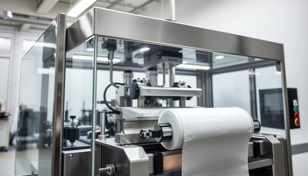 A sleek, modern sealing machine with a transparent glass enclosure, illuminated by bright, overhead lighting. The machine's metal body glistens, and its various mechanical components are clearly visible, inviting the viewer to understand its inner workings. In the foreground, a roll of packaging material is fed into the machine, with the sealing mechanism precisely aligning and bonding the layers. The background showcases a clean, minimalist industrial setting, emphasizing the machine's efficiency and precision. The overall scene conveys a sense of technical sophistication and attention to detail, reflecting the sophisticated functionality of a modern sealing machine.