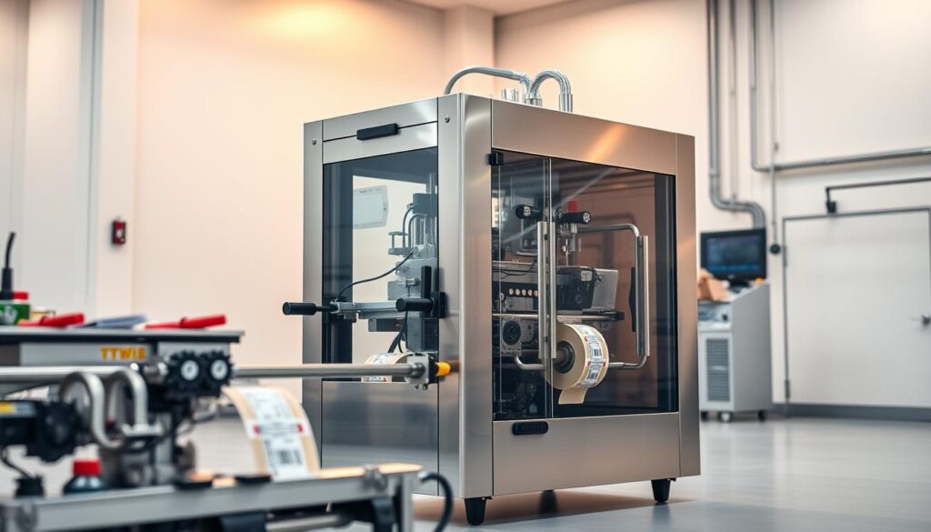 A sleek, precision-engineered "máquina de rotulagem" stands prominently in a well-lit, modern industrial setting. The machine's polished metal exterior gleams under warm, directional lighting, conveying a sense of efficiency and technological prowess. In the foreground, intricate mechanical components and label-feeding mechanisms are visible, hinting at the machine's inner workings and attention to detail. The middle ground reveals the machine's compact, streamlined design, optimized for productivity and space-saving. In the background, a crisp, clean environment with minimal clutter reinforces the machine's role as a reliable, high-performance labeling solution for discerning enterprises.