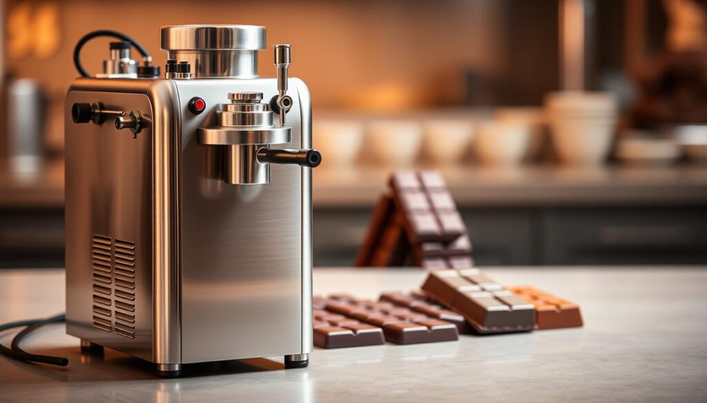 A sleek, professional-grade chocolate tempering machine stands prominently in the foreground, its stainless steel exterior gleaming under warm, focused lighting. The machine's control panel and various attachments are meticulously detailed, showcasing the advanced technology and precision engineering required for the delicate process of tempering chocolate. In the middle ground, a selection of high-quality chocolate bars and blocks, their rich hues and smooth textures inviting the viewer to imagine the finished confections. The background is softly blurred, allowing the viewer to focus on the tempering machine and the process it represents, the essence of the "Tipos de temperadeiras disponíveis no mercado brasileiro" section.