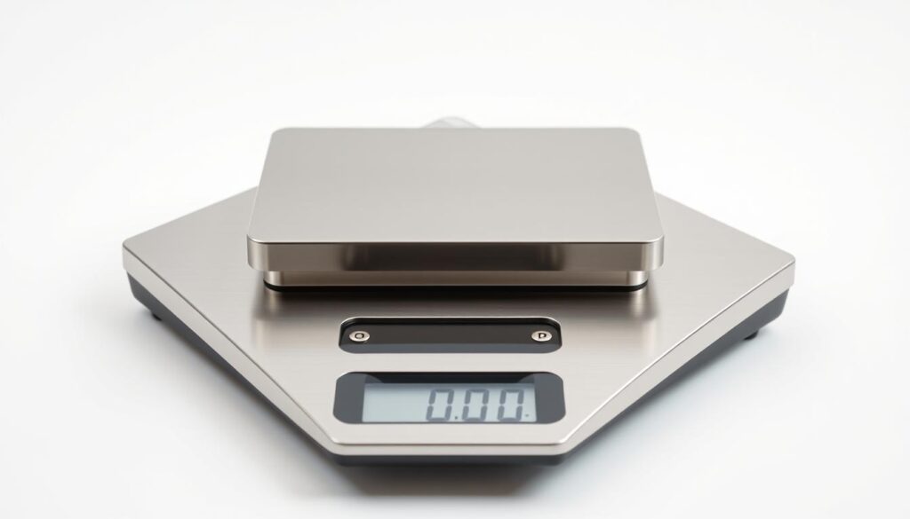 A sleek, stainless steel precision scale set against a clean, white background. The scale's polished surface reflects the light, highlighting its crisp, angular design. Illuminated from above, the scale's platform is depicted in sharp detail, showcasing its high-precision capabilities. The scale's digital display is clearly visible, indicating its ability to measure minute differences with exceptional accuracy. The overall composition conveys a sense of professionalism and attention to detail, perfectly suited for use in a confectionery setting.
