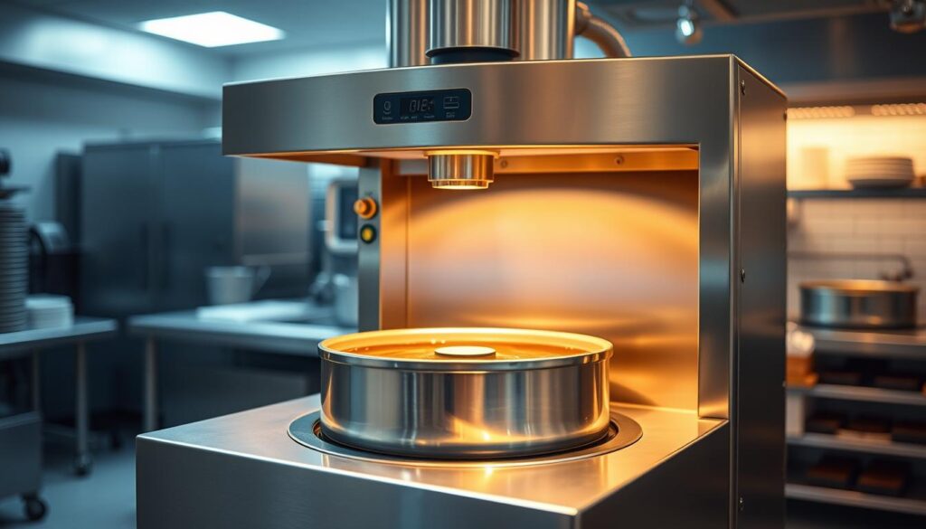 A sleek, state-of-the-art chocolate melting machine, illuminated by warm, diffused lighting. The foreground features the machine's central melting chamber, with intricate controls and a tempered glass viewing panel. The middle ground showcases the machine's stainless steel housing, with clean lines and a minimalist design. In the background, a sterile, well-organized commercial kitchen setting, with other food preparation equipment visible. The overall atmosphere conveys precision, efficiency, and the careful craftsmanship required to produce high-quality melted chocolate for confectionery or pastry applications.