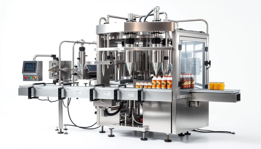 A stainless steel industrial packing machine, gleaming under bright studio lighting, with a modern, minimalist design. The device features a conveyor belt system, mechanical arms, and precision nozzles for efficiently filling, sealing, and labeling various product containers. The background is a clean, white studio setting, emphasizing the machine's technical prowess and importance in the manufacturing process. The overall mood is one of industrial efficiency, technological innovation, and quality control.
