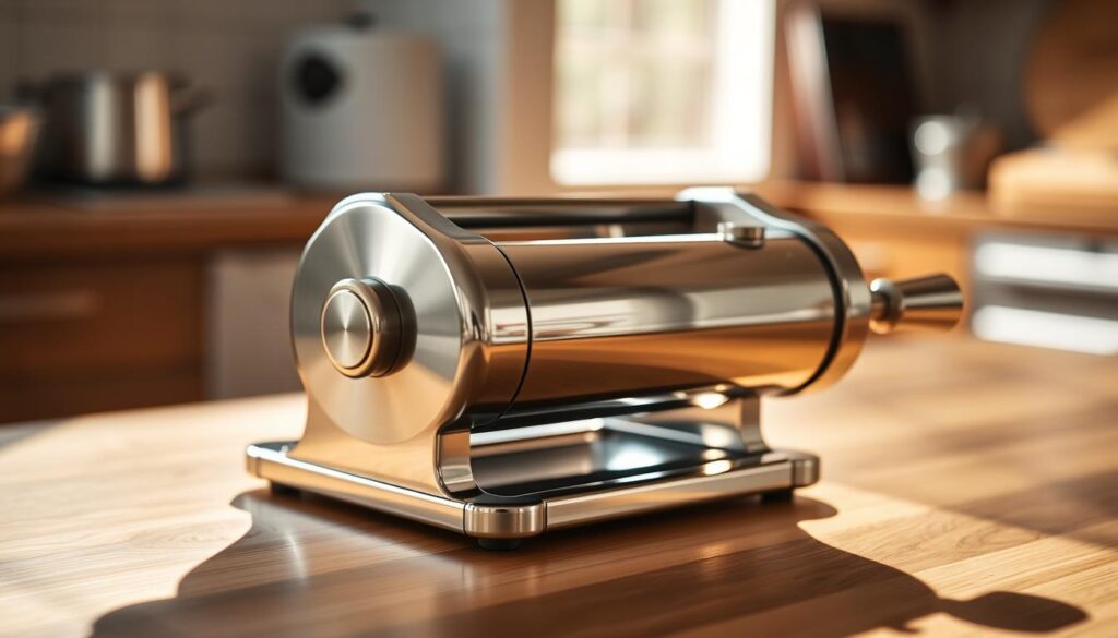 A stainless steel pasta rolling machine with a polished chrome finish, positioned on a wooden kitchen counter. The roller has a cylindrical shape and serrated edges, casting dramatic shadows on the surface. Soft, warm lighting illuminates the scene, highlighting the machine's sleek, professional design. The background is blurred, keeping the focus on the rolling pin's detailed craftsmanship and intuitive controls. The image conveys a sense of high-quality, home-cooking tools that would suit a discerning chef's kitchen.