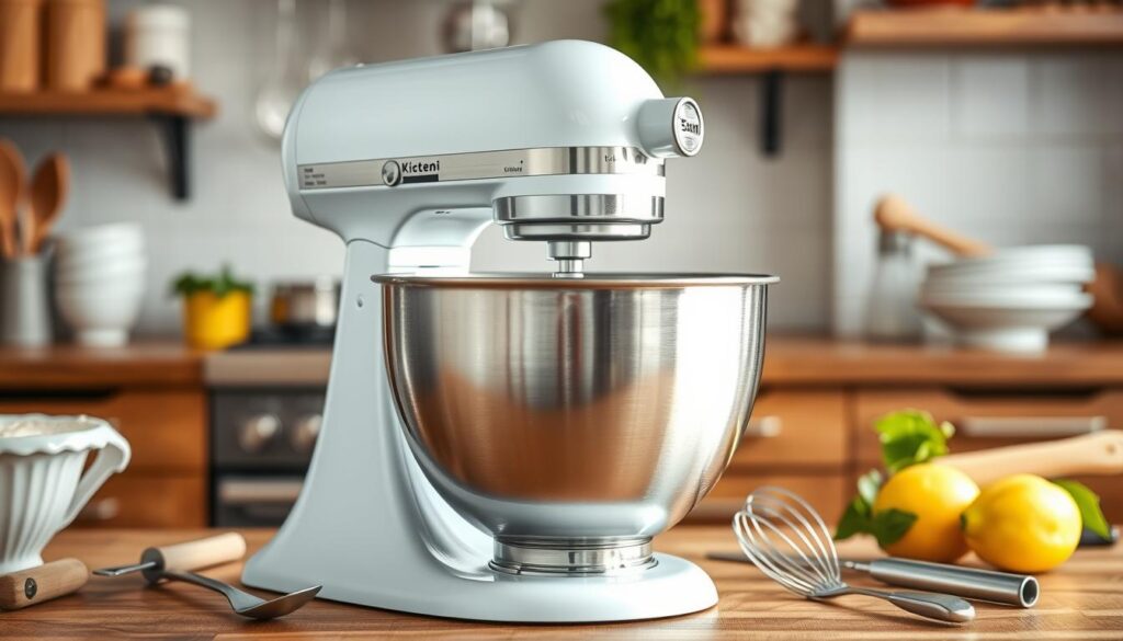 A stylish and functional mixing bowl for creating delectable desserts, set against a warm, inviting kitchen backdrop. The stainless steel body gleams under soft, directional lighting, while the wide, curved rim allows for easy incorporation of ingredients. Positioned on a wooden countertop, the mixer is surrounded by complementary baking utensils and a few fresh ingredients, suggesting a scene of culinary creativity and harmonious preparation. The overall mood is one of calm efficiency, where the tools of the trade come together to enable the delightful process of dessert making.