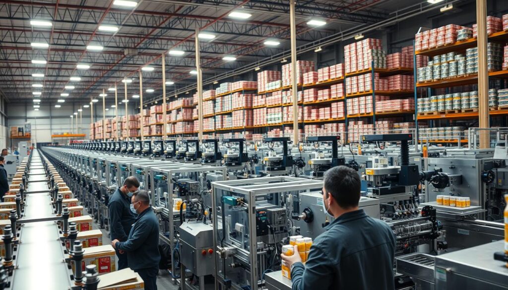 A vast industrial warehouse filled with rows of advanced packaging machines, their intricate mechanisms whirring as they meticulously fill, seal, and label a variety of consumer products. Bright, overhead lighting casts a warm glow over the scene, illuminating the sleek, stainless-steel surfaces of the equipment. In the foreground, a group of technicians monitors the production, their faces focused as they make adjustments to ensure optimal efficiency. In the background, towering shelves hold an array of packaged goods, ready to be distributed to retailers and consumers. The atmosphere is one of precision, innovation, and the seamless integration of technology with the manufacturing process.