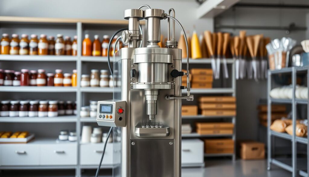 A versatile confectionery filling machine stands in a well-lit, airy workshop. The machine's sleek, stainless steel exterior gleams under soft, even lighting. Its intuitive control panel and various attachments suggest effortless operation and adaptability to diverse filling tasks. In the background, shelves brimming with jars and piping bags hint at the machine's precision in handling a wide range of fillings, from creams and jams to ganaches and mousses. The overall scene conveys a sense of professionalism, efficiency, and the promise of delightful, consistent results - essential characteristics for a high-quality confectionery filling machine.