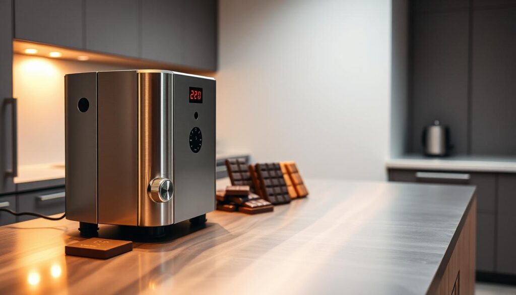 A well-crafted chocolate tempering machine stands prominently on a sleek stainless-steel countertop, its polished exterior gleaming under warm, directional lighting. The foreground focuses on the machine's precise controls and digital display, inviting the user to effortlessly adjust temperature and settings. In the middle ground, a selection of high-quality chocolate bars and blocks is neatly arranged, suggesting the machine's versatility in tempering a variety of cocoa products. The background depicts a modern, minimalist kitchen setting, with clean lines and a muted color palette that complements the tempering machine's elegant design. The overall mood is one of precision, efficiency, and the artistry of crafting perfect chocolate.