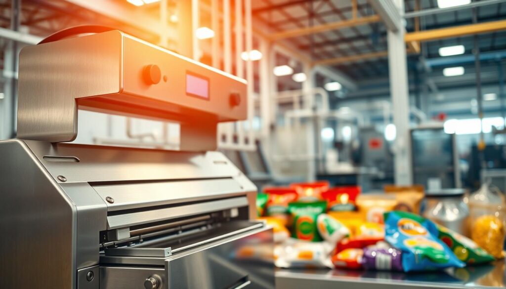 A well-designed, high-quality sealing machine taking center stage against a backdrop of a modern industrial setting. The machine's sleek, stainless-steel exterior gleams under the warm, directional lighting, conveying a sense of precision and reliability. In the foreground, a close-up view showcases the intricate sealing mechanism, its components meticulously arranged to demonstrate the importance of a secure, airtight seal. The middle ground features a variety of packaged products, their labels and designs reflecting the diverse applications of the sealing machine. The background highlights the larger manufacturing environment, with clean, geometric architectural elements and subtle hints of automation, emphasizing the machine's crucial role in the production process.