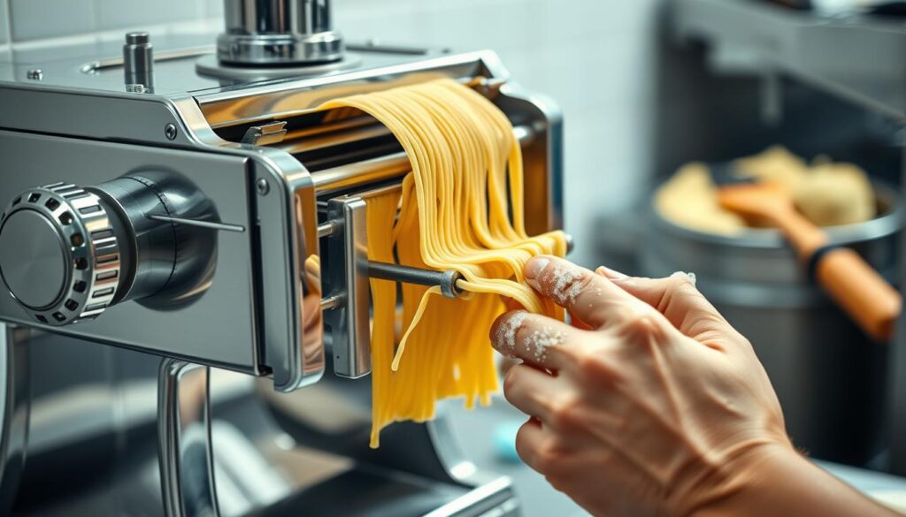 A well-lit, close-up view of a commercial pasta maker machine, with its inner workings and components clearly visible. The machine's stainless steel exterior gleams, indicating a thorough cleaning. In the foreground, a person's hands are carefully disassembling the machine, revealing the intricate pasta extrusion mechanism. The middle ground shows cleaning tools, such as brushes and cloths, suggesting a methodical maintenance process. The background is softly blurred, keeping the focus on the machine and the hands-on cleaning task. The overall scene conveys a sense of precision, care, and diligence in preserving the longevity of this essential kitchen appliance. A well-lit, close-up view of a commercial pasta maker machine, with its inner workings and components clearly visible. The machine's stainless steel exterior gleams, indicating a thorough cleaning. In the foreground, a person's hands are carefully disassembling the machine, revealing the intricate pasta extrusion mechanism. The middle ground shows cleaning tools, such as brushes and cloths, suggesting a methodical maintenance process. The background is softly blurred, keeping the focus on the machine and the hands-on cleaning task. The overall scene conveys a sense of precision, care, and diligence in preserving the longevity of this essential kitchen appliance.