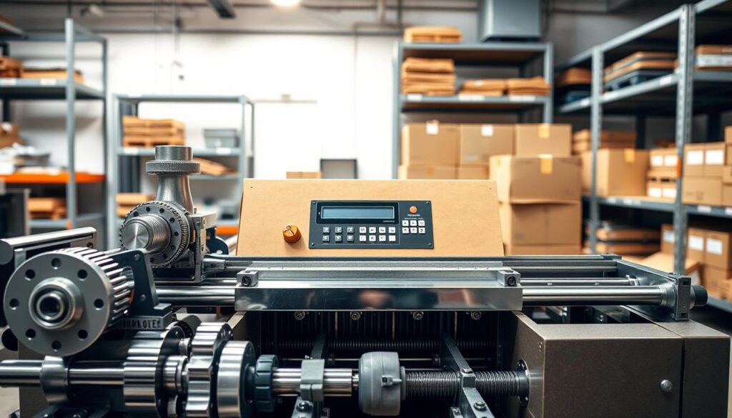 A well-lit, detailed interior shot of a sturdy, industrial-grade box closing machine. In the foreground, the machine's mechanisms - gears, rollers, and clamps - are visible, meticulously crafted from gleaming metal. The middle ground showcases the machine's control panel, with an array of buttons, dials, and readouts. In the background, the machine is positioned within a modern, organized workshop setting, with shelves and storage units visible. The overall mood is one of precision, efficiency, and reliable performance - a professional tool designed to expertly seal and close cardboard boxes of various sizes.