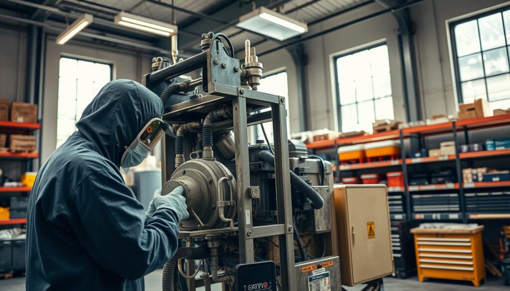 A well-lit, detailed workshop scene showing the maintenance of an industrial sandblasting machine. In the foreground, a technician in a protective suit is carefully inspecting the machine's internal components, hoses, and nozzles. The middle ground features the machine itself, with its sturdy metal frame and intricate mechanisms exposed for servicing. In the background, shelves of spare parts and toolboxes line the walls, conveying a sense of a professional, organized workspace dedicated to keeping the equipment in optimal condition. The lighting is a combination of bright overhead lamps and natural daylight filtering in through large windows, creating dynamic shadows and highlights that accentuate the machine's complex form. The overall atmosphere is one of focused, skilled maintenance work on an essential industrial tool.