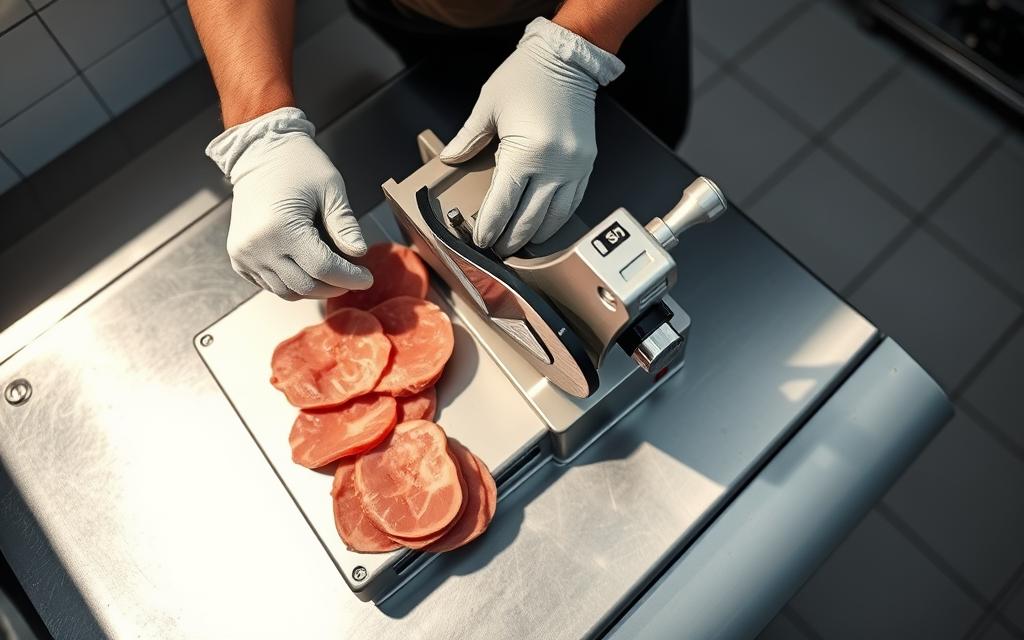 A well-lit, high-angle shot of a person operating a commercial meat slicer with precision and care. The slicer is positioned on a stainless steel countertop, casting sharp shadows. The foreground shows the user's hands carefully guiding the blade, with safety gloves and a protective apron. The middle ground displays the slicer's intricate mechanisms, the razor-sharp blade, and the even, thin slices of meat emerging. The background depicts a clean, organized kitchen environment, emphasizing the importance of food safety and hygiene. The overall mood conveys a sense of focus, control, and adherence to safety protocols when using this powerful machine. A well-lit, high-angle shot of a person operating a commercial meat slicer with precision and care. The slicer is positioned on a stainless steel countertop, casting sharp shadows. The foreground shows the user's hands carefully guiding the blade, with safety gloves and a protective apron. The middle ground displays the slicer's intricate mechanisms, the razor-sharp blade, and the even, thin slices of meat emerging. The background depicts a clean, organized kitchen environment, emphasizing the importance of food safety and hygiene. The overall mood conveys a sense of focus, control, and adherence to safety protocols when using this powerful machine.