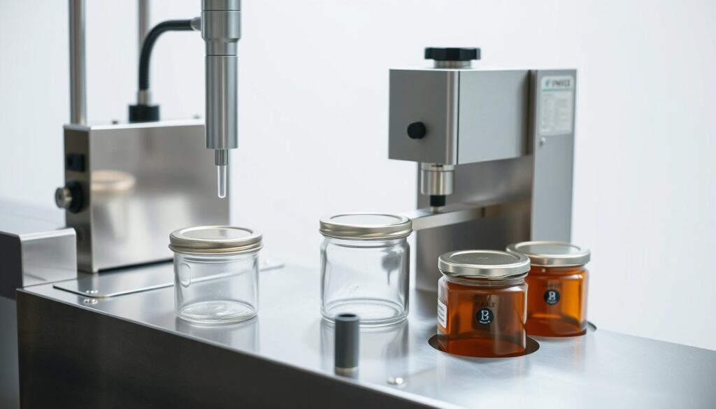 A well-lit, high-angle view of a modern, stainless steel sealing machine designed for securing lids on glass jars or plastic containers. The machine has a sleek, efficient design with clean lines and minimal branding. It operates with precision, gently but firmly pressing the lids into place, ensuring a secure, tamper-evident seal. The background is a bright, airy studio setting, highlighting the machine's key features and emphasizing its role in maintaining product quality and safety. Soft shadows add depth and dimension, while subtle reflections on the machine's surface convey a sense of reliability and professionalism. A well-lit, high-angle view of a modern, stainless steel sealing machine designed for securing lids on glass jars or plastic containers. The machine has a sleek, efficient design with clean lines and minimal branding. It operates with precision, gently but firmly pressing the lids into place, ensuring a secure, tamper-evident seal. The background is a bright, airy studio setting, highlighting the machine's key features and emphasizing its role in maintaining product quality and safety. Soft shadows add depth and dimension, while subtle reflections on the machine's surface convey a sense of reliability and professionalism.