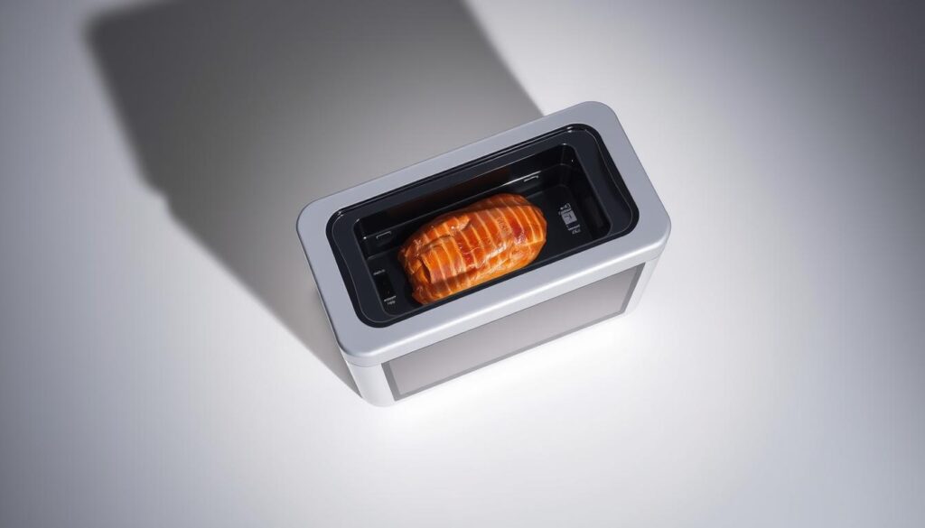 A well-lit, high-angle view of a modern vacuum sealer appliance, showcasing its sleek, rectangular design with a transparent lid. The device sits atop a clean, neutral-colored surface, allowing the focus to remain on its streamlined form and functionality. The lighting casts subtle shadows, emphasizing the machine's contours and highlighting the mechanical components within. The overall atmosphere conveys a sense of efficiency, precision, and the advanced technology behind vacuum sealing for food preservation.
