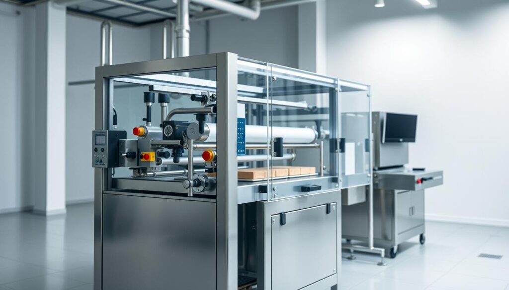 A well-lit, high-angle view of a stretch film packaging machine in a modern industrial setting. The machine, with its stainless steel chassis and clear plastic cover, stands prominently in the foreground, showcasing its various mechanical components and controls. The background features a neutral, softly lit environment, drawing the viewer's attention to the central subject. The overall scene conveys a sense of precision, efficiency, and the professional capabilities of this specialized packaging equipment. A well-lit, high-angle view of a stretch film packaging machine in a modern industrial setting. The machine, with its stainless steel chassis and clear plastic cover, stands prominently in the foreground, showcasing its various mechanical components and controls. The background features a neutral, softly lit environment, drawing the viewer's attention to the central subject. The overall scene conveys a sense of precision, efficiency, and the professional capabilities of this specialized packaging equipment.