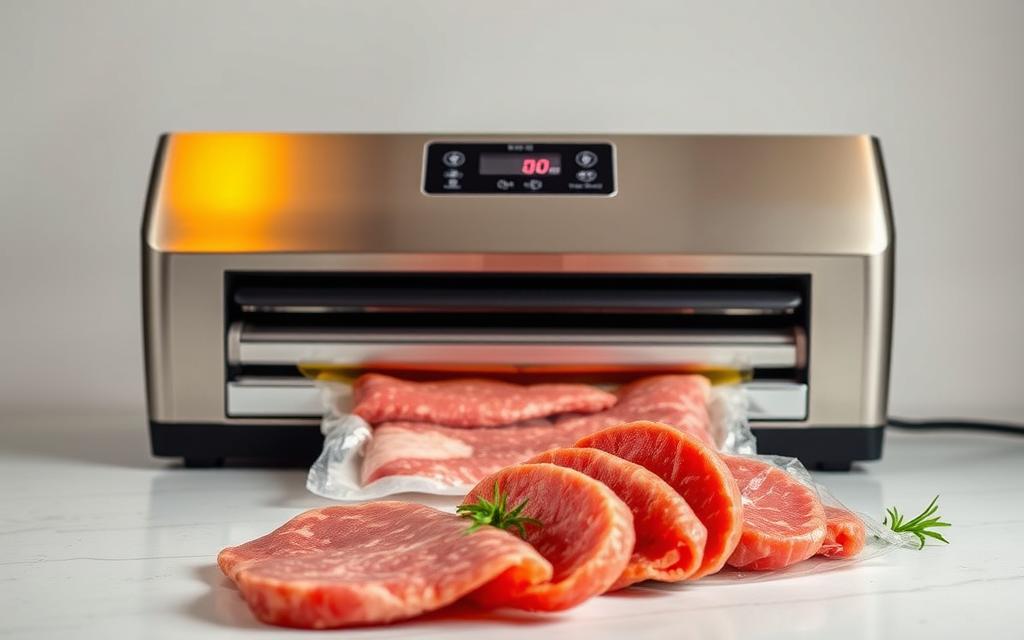 A well-lit, high-quality close-up of a modern vacuum food sealer machine, displaying its key features and benefits for preserving meat. The machine's sleek, stainless steel exterior gleams under warm, directional lighting, emphasizing its premium construction. In the foreground, various cuts of fresh, high-quality meat are neatly arranged, showcasing the machine's ability to create airtight, vacuum-sealed packages that lock in flavor and extend shelf life. The middle ground shows the machine's intuitive control panel and easy-to-use interface, highlighting its user-friendliness. The background features a clean, minimalist setting, allowing the machine and the meat to be the focal points, conveying the product's quality and the consumer's confidence in its performance. A well-lit, high-quality close-up of a modern vacuum food sealer machine, displaying its key features and benefits for preserving meat. The machine's sleek, stainless steel exterior gleams under warm, directional lighting, emphasizing its premium construction. In the foreground, various cuts of fresh, high-quality meat are neatly arranged, showcasing the machine's ability to create airtight, vacuum-sealed packages that lock in flavor and extend shelf life. The middle ground shows the machine's intuitive control panel and easy-to-use interface, highlighting its user-friendliness. The background features a clean, minimalist setting, allowing the machine and the meat to be the focal points, conveying the product's quality and the consumer's confidence in its performance.