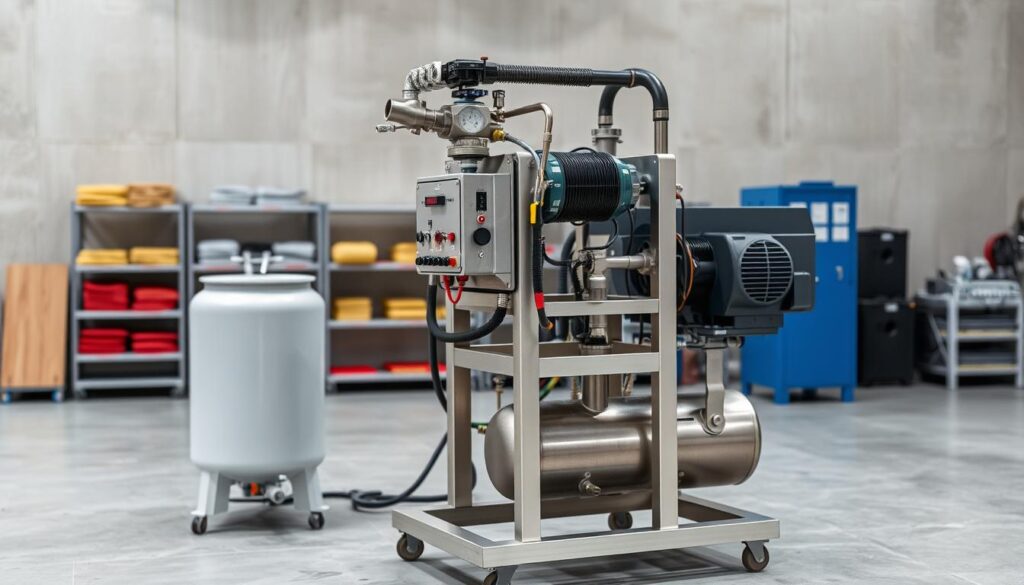 A well-lit, high-quality industrial sandblasting machine stands prominently in the foreground, its sturdy metal frame and powerful compressor system clearly visible. The machine's control panel and various nozzles and hoses are meticulously detailed, showcasing the intricate engineering and precision required for effective surface preparation. In the middle ground, the machine is surrounded by a clean, organized workshop environment, with shelves of abrasive media and other necessary tools and supplies. The background features a softly blurred, neutral-toned wall, allowing the machine to be the focal point and emphasizing its importance in the industrial process.