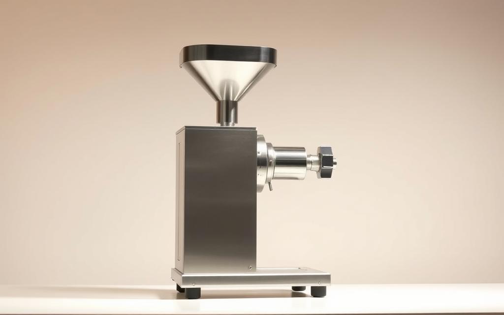 A well-lit, high-quality photograph of a modern sausage stuffer machine, also known as an embutideira. The embutideira is positioned prominently in the foreground, with a clean, minimalist background that showcases its sleek, stainless steel design. The lighting is soft and diffused, creating a warm, inviting atmosphere. The embutideira is shown from an angle that highlights its key features, such as the funnel-shaped hopper, the adjustable stuffing nozzle, and the sturdy base. The image conveys a sense of professionalism and attention to detail, reflecting the importance of choosing the right embutideira for producing high-quality sausages.