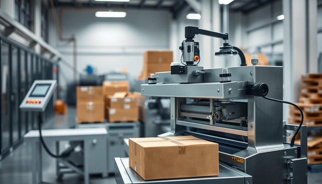 A well-lit, high-quality photograph of a sturdy, modern box closing machine in a clean, industrial setting. The machine is in the foreground, showcasing its streamlined design and robust construction. Subtle details like its control panel, conveyor belt, and precise mechanisms are visible. The middle ground features a stack of cardboard boxes, hinting at the machine's efficiency in sealing them. The background is slightly blurred, emphasizing the machine as the focal point, conveying a sense of professionalism and productivity. The overall mood is one of precision, reliability, and the benefits of incorporating such a machine into a packaging operation.