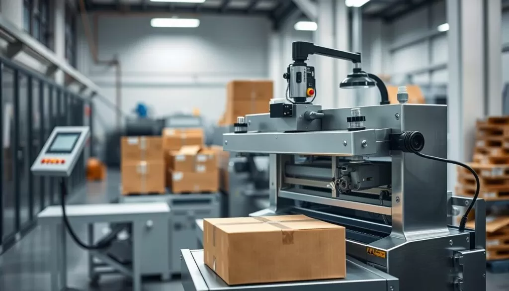 A well-lit, high-quality photograph of a sturdy, modern box closing machine in a clean, industrial setting. The machine is in the foreground, showcasing its streamlined design and robust construction. Subtle details like its control panel, conveyor belt, and precise mechanisms are visible. The middle ground features a stack of cardboard boxes, hinting at the machine's efficiency in sealing them. The background is slightly blurred, emphasizing the machine as the focal point, conveying a sense of professionalism and productivity. The overall mood is one of precision, reliability, and the benefits of incorporating such a machine into a packaging operation. A well-lit, high-quality photograph of a sturdy, modern box closing machine in a clean, industrial setting. The machine is in the foreground, showcasing its streamlined design and robust construction. Subtle details like its control panel, conveyor belt, and precise mechanisms are visible. The middle ground features a stack of cardboard boxes, hinting at the machine's efficiency in sealing them. The background is slightly blurred, emphasizing the machine as the focal point, conveying a sense of professionalism and productivity. The overall mood is one of precision, reliability, and the benefits of incorporating such a machine into a packaging operation.