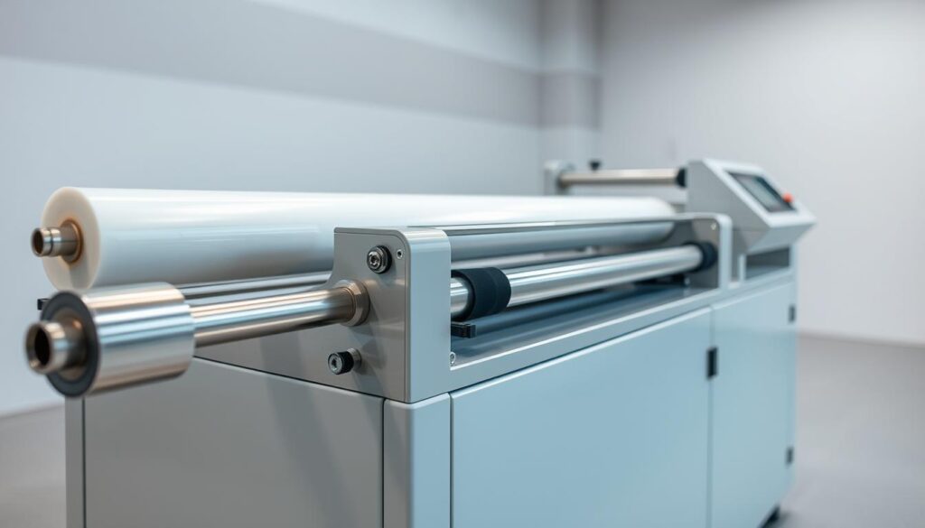 A well-lit, high-resolution close-up view of a stretch film wrapping machine, showcasing its sleek and modern design. The machine is positioned in a clean, industrial setting, with a neutral background that allows the device to take center stage. The camera angle is slightly elevated, providing a detailed look at the machine's various components, such as the film roll, the roller system, and the control panel. The lighting is bright and directional, highlighting the machine's metallic surfaces and creating crisp shadows that accentuate its form. The overall mood is one of efficiency, precision, and technological prowess, reflecting the key functions of this essential packaging equipment. A well-lit, high-resolution close-up view of a stretch film wrapping machine, showcasing its sleek and modern design. The machine is positioned in a clean, industrial setting, with a neutral background that allows the device to take center stage. The camera angle is slightly elevated, providing a detailed look at the machine's various components, such as the film roll, the roller system, and the control panel. The lighting is bright and directional, highlighting the machine's metallic surfaces and creating crisp shadows that accentuate its form. The overall mood is one of efficiency, precision, and technological prowess, reflecting the key functions of this essential packaging equipment.