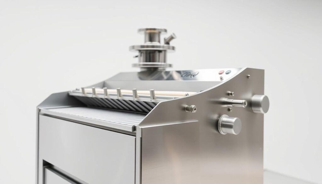 A well-lit, high-resolution image of a commercial bread dough divider machine, commonly known as a "divisora de massa" in Portuguese. The machine is shown in the foreground, with a clean, clinical white background. The divider features a stainless steel body, with a series of evenly spaced cutting blades, a hopper for the dough, and various control panels and dials. The lighting is bright and diffused, creating a crisp, professional appearance. The angle is set to showcase the intricate mechanical details and the overall sleek, modern design of the equipment, highlighting its efficiency and precision in the commercial bread production process.