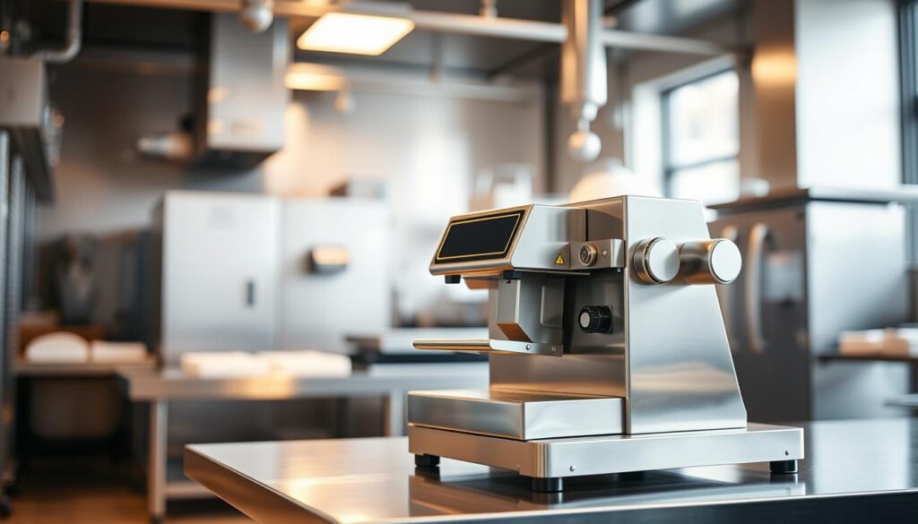 A well-lit, high-resolution photograph of a commercial-grade dough divider machine, also known as a "divisora de massa". The machine is positioned in the foreground, showcasing its sleek, stainless steel construction and intuitive control panel. The middle ground features a clean, modern bakery or production facility setting, with gleaming stainless steel surfaces and a sense of efficiency. The background is slightly blurred, emphasizing the machine as the focal point. The lighting is warm and even, highlighting the machine's precision engineering and the overall sense of professionalism and productivity. The atmosphere conveys the benefits of using a dough divider, such as consistent portion control, improved workflow, and increased output for commercial baking operations.