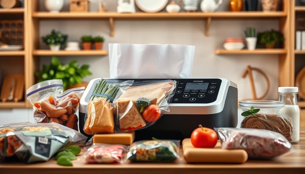 A well-lit, high-resolution photograph of a variety of practical household and kitchen items being vacuum-sealed in a modern, sleek vacuum sealer machine. The foreground showcases different types of foods, produce, and goods being carefully placed into the machine's chamber. The middle ground features the vacuum sealer itself, with its intuitive digital display and controls. The background suggests a cozy, organized kitchen setting with wooden shelves and minimal decor, creating a sense of domestic functionality. The image conveys the versatility and convenience of using a vacuum sealer to preserve and store a wide range of everyday items.