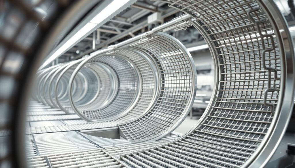 A well-lit, high-resolution photograph of several spiral cooling conveyors used in commercial bakeries. The conveyor belts are made of stainless steel, arranged in a tight spiral configuration to maximize cooling area. The conveyor system is situated in a modern, clean bakery environment, with soft shadows and even lighting from overhead fixtures. The angle showcases the intricate spiral design and allows the viewer to appreciate the industrial yet elegant nature of the equipment. The overall mood is one of efficiency, precision, and attention to detail in the baking process. A well-lit, high-resolution photograph of several spiral cooling conveyors used in commercial bakeries. The conveyor belts are made of stainless steel, arranged in a tight spiral configuration to maximize cooling area. The conveyor system is situated in a modern, clean bakery environment, with soft shadows and even lighting from overhead fixtures. The angle showcases the intricate spiral design and allows the viewer to appreciate the industrial yet elegant nature of the equipment. The overall mood is one of efficiency, precision, and attention to detail in the baking process.