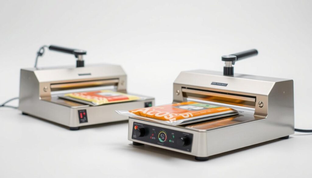 A well-lit, high-resolution photograph of two manual induction sealers, showcasing their distinctive features. The foreground shows the sleek, stainless steel design of the sealers, with their control panels and handles prominently displayed. The middle ground reveals the sealing mechanism, capturing the precise, efficient process of sealing various packaging materials. The background provides a clean, neutral setting, allowing the induction sealers to be the focal point. The image conveys a sense of professionalism, reliability, and attention to detail, reflecting the craftsmanship and capabilities of these manual induction sealing devices. A well-lit, high-resolution photograph of two manual induction sealers, showcasing their distinctive features. The foreground shows the sleek, stainless steel design of the sealers, with their control panels and handles prominently displayed. The middle ground reveals the sealing mechanism, capturing the precise, efficient process of sealing various packaging materials. The background provides a clean, neutral setting, allowing the induction sealers to be the focal point. The image conveys a sense of professionalism, reliability, and attention to detail, reflecting the craftsmanship and capabilities of these manual induction sealing devices.