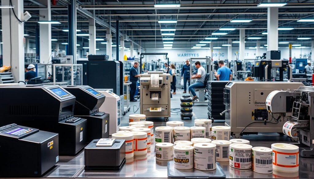A well-lit, high-resolution scene showcasing various types of commercial labeling machines commonly found in the Brazilian market. In the foreground, a lineup of compact desktop label applicators, their sleek designs and digital control panels prominently displayed. In the middle ground, larger industrial-grade label printers and dispensers, their robust construction and precise mechanisms evident. In the background, a panoramic view of the production floor, with workers operating a range of specialized labeling equipment tailored for different packaging sizes and materials. The overall atmosphere conveys a sense of precision, efficiency, and the wide array of solutions available to meet the diverse labeling needs of Brazilian businesses.