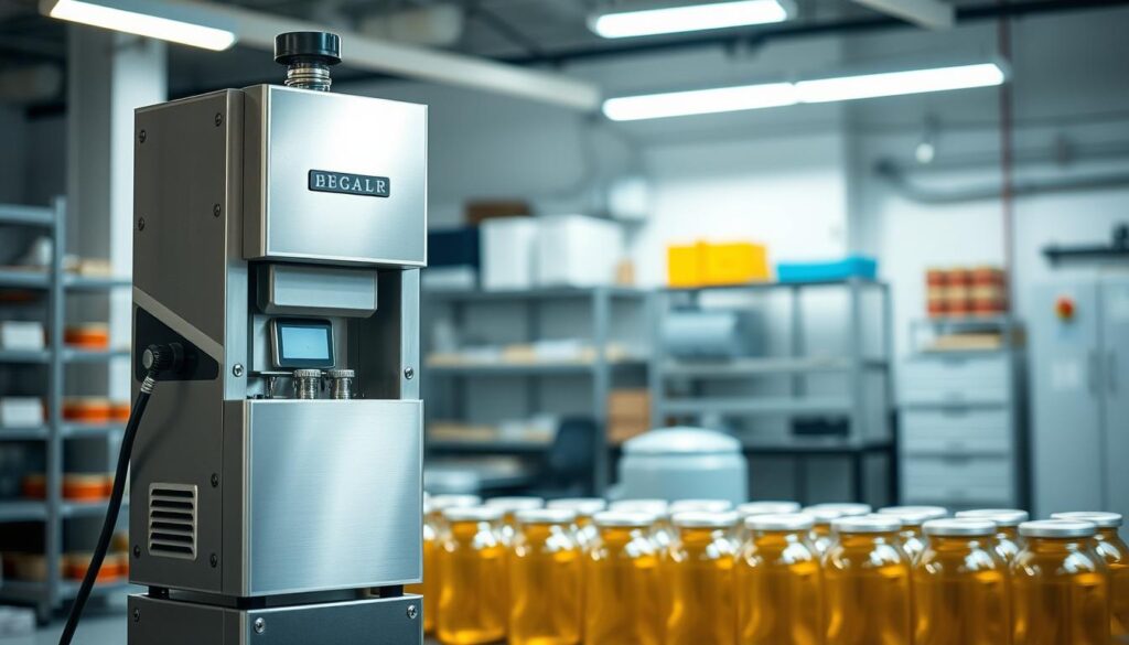 A well-lit industrial interior, showcasing a professional-grade jar sealing machine. The machine stands prominently in the foreground, its sleek stainless steel body gleaming under a soft, diffused light. The device features a compact, ergonomic design with intuitive controls, allowing for efficient and consistent sealing of jars or containers. In the middle ground, neatly arranged jars await their turn, each one perfectly sealed and ready for labeling or packaging. The background is a clean, organized workspace, with shelves and storage units visible, indicating a well-equipped production facility. The overall atmosphere conveys a sense of precision, quality, and attention to detail, highlighting the importance of this essential piece of equipment in the jar sealing process. A well-lit industrial interior, showcasing a professional-grade jar sealing machine. The machine stands prominently in the foreground, its sleek stainless steel body gleaming under a soft, diffused light. The device features a compact, ergonomic design with intuitive controls, allowing for efficient and consistent sealing of jars or containers. In the middle ground, neatly arranged jars await their turn, each one perfectly sealed and ready for labeling or packaging. The background is a clean, organized workspace, with shelves and storage units visible, indicating a well-equipped production facility. The overall atmosphere conveys a sense of precision, quality, and attention to detail, highlighting the importance of this essential piece of equipment in the jar sealing process.